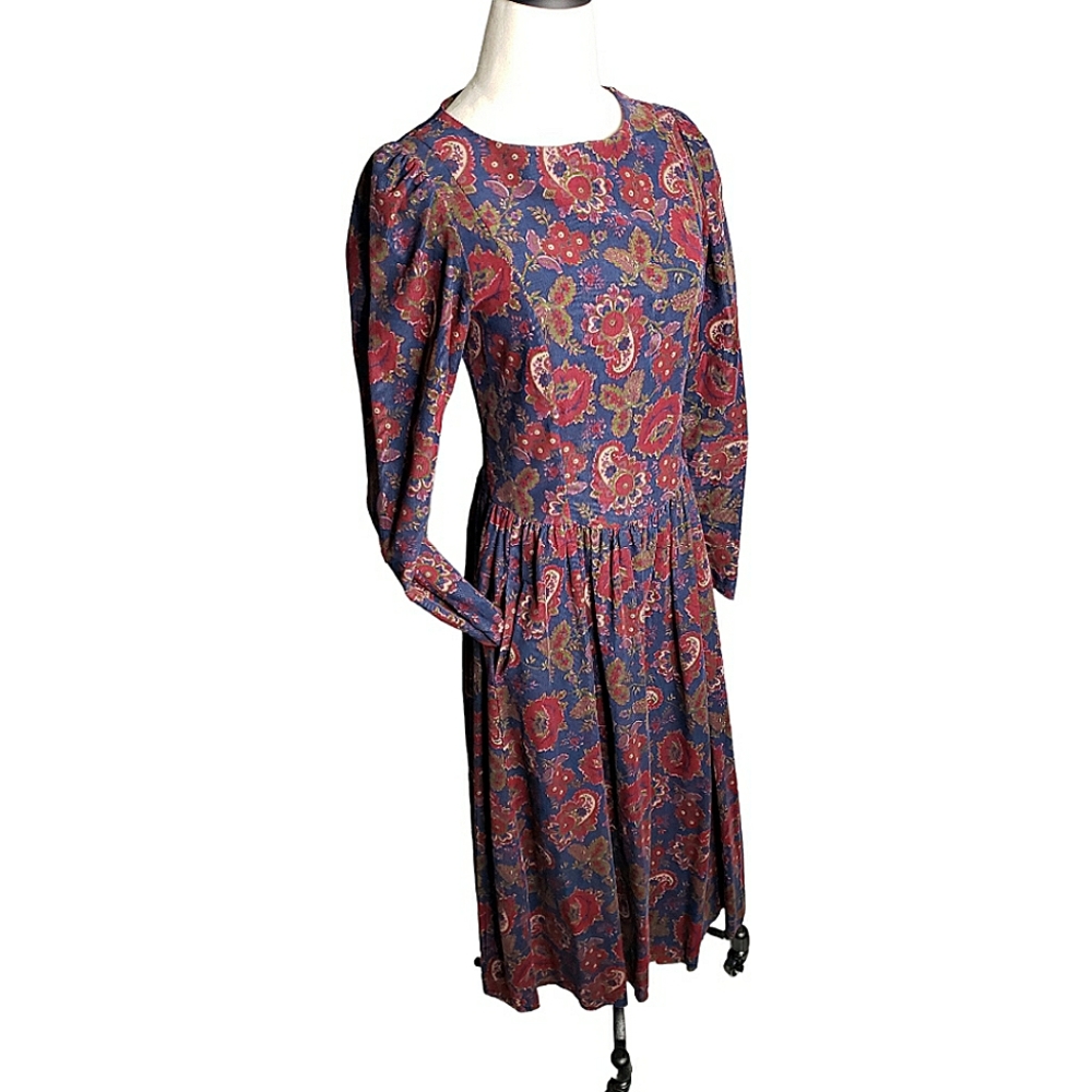 Vintage Laura Ashley Drop Waist Midi Dress Floral Paisley Corduroy Cottage s/m - Picture 16 of 17